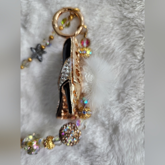 Gold and Brown Beaded Bag Charm Chain And Keychain Set Studded Boot Animal Print - Picture 10 of 16